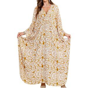 Womens Beige Snake Floral V-Neck Batwing Sleeves Summer Cover Up Kaftan Dress